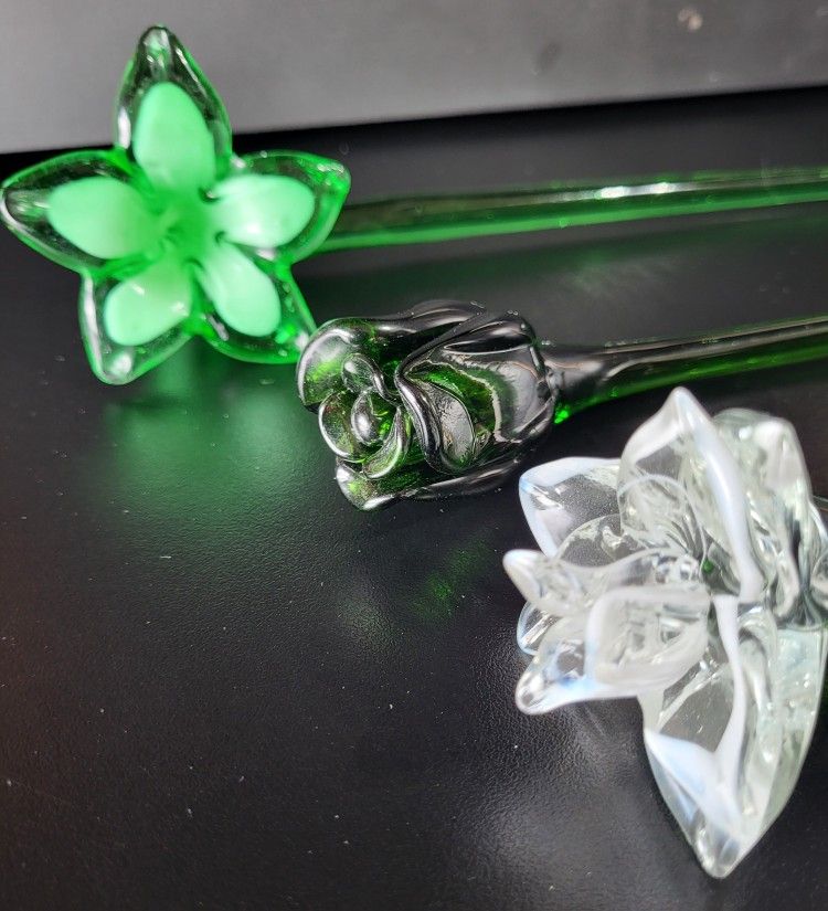 Lot of 3 Vintage Long Stem Glass Flowers