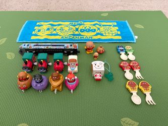Rare Vintage New Anpanman Trains Japan Anime + Free New Towel/Finger Puppet/Spoons/Forks/Hair Accessory/Mini Figure/2 Keychains