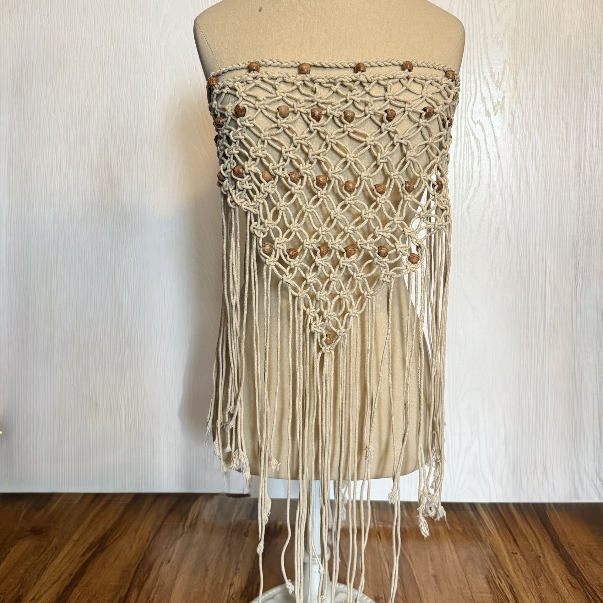 Vintage Boho Macrame Fringe Cover-Up Skirt/Top Brown Adjustable Tie