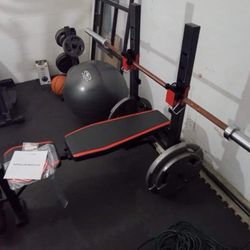 Bench With Weight And Curl Bar 