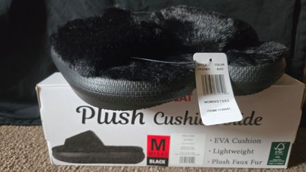 Black Plush Faux Fur Cushion Slides Women's 7.5-8.5