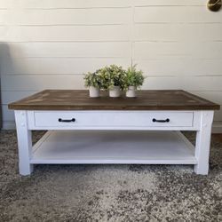 Farmhouse Coffee Table with Drawer Storage – Rustic White & Warm Wood Finish