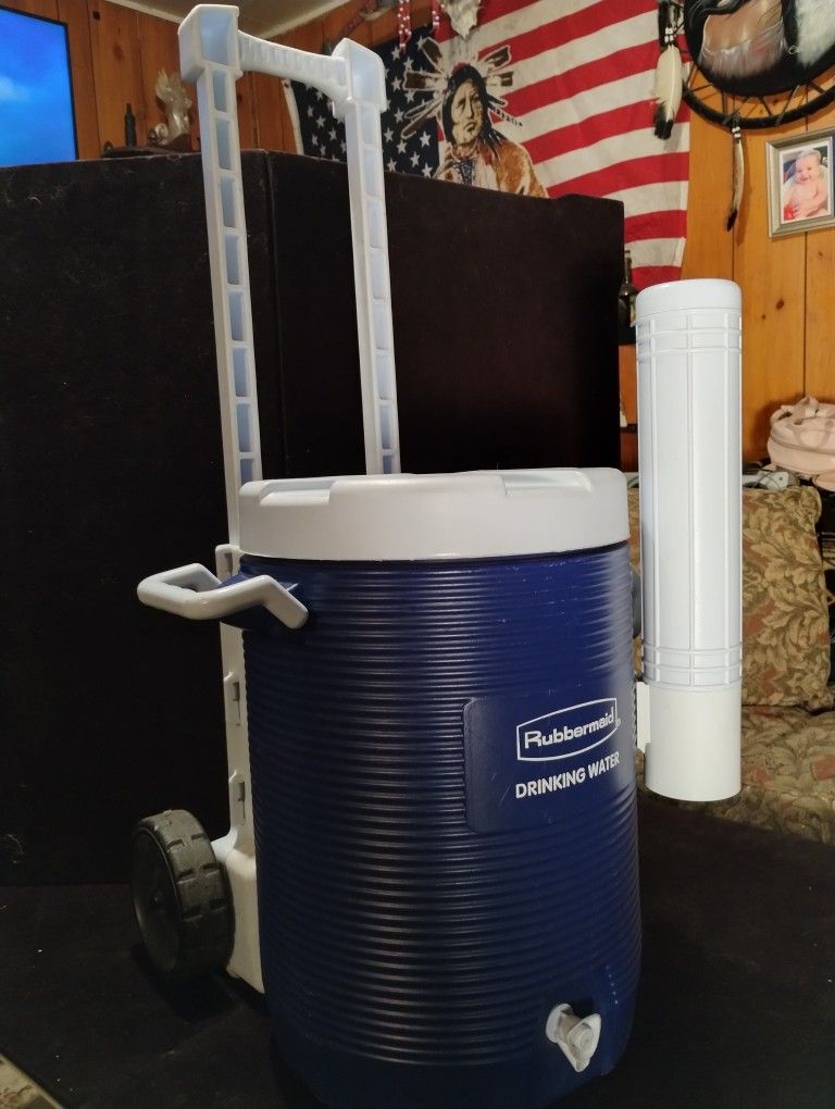 Ultimate Heavy Duty Rubbermade Water-cooler On Wheels With Adjustable Handle And Cup Dispenser