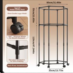 360° Rotating Hexagonal Clothes Drying Rack | Double Layer Metal Floor-Standing Coat Hanger with Wheels | Freestanding Storage Organizer for Bedroom, 