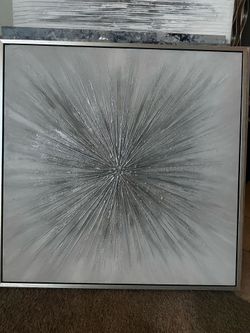 Large Silver Sunburst Burst Framed Canvas Wall Art - 39" x 39"