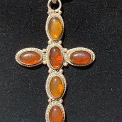 Vintage Sterling Silver Cross Pendant On Crystal Necklace