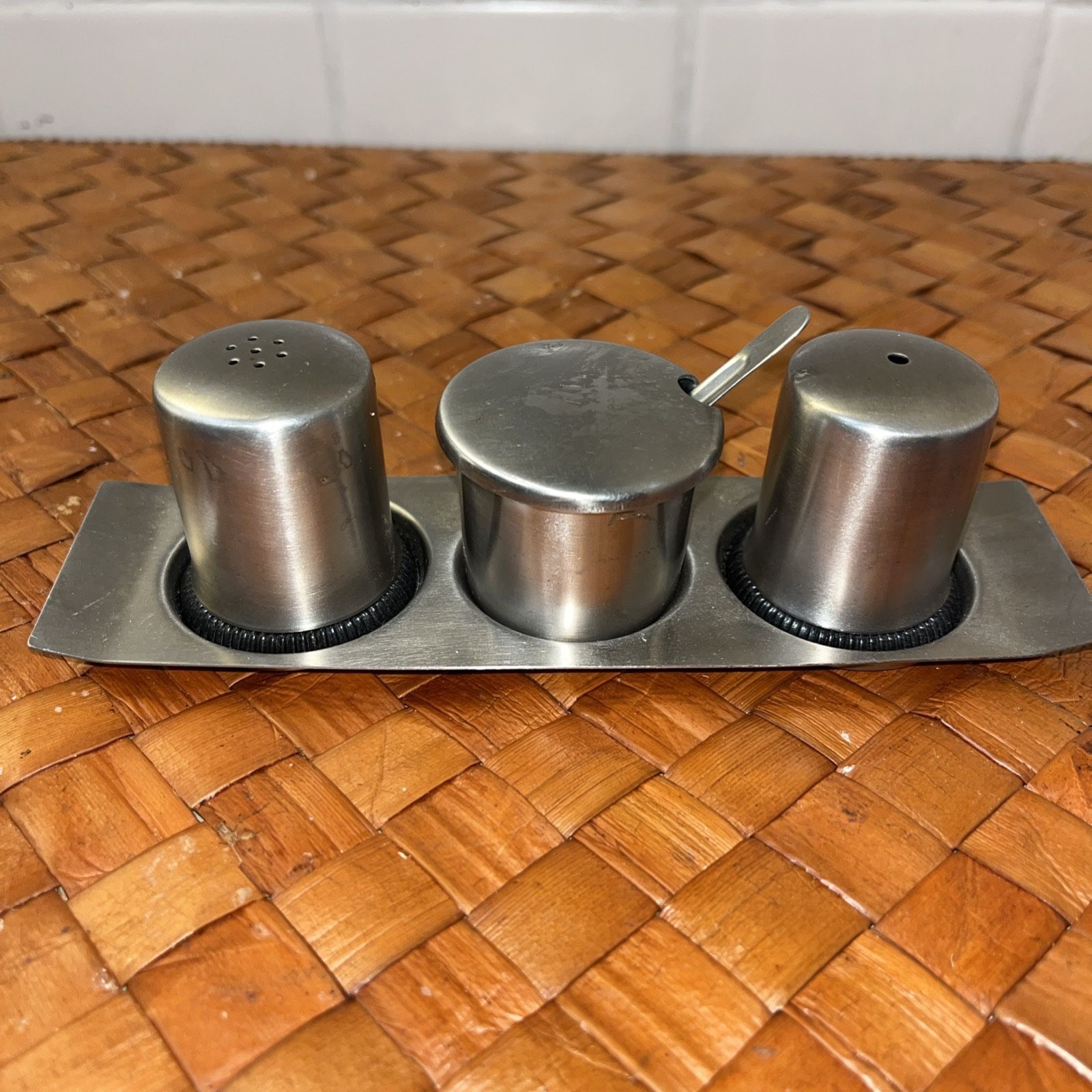 Mid Century Modern  Stainless Steel Salt & Pepper Shaker Condiment Set