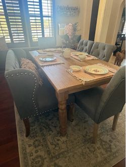 Farmhouse Dining Table Set – Bench + 4 Upholstered Chairs (Seats 6)