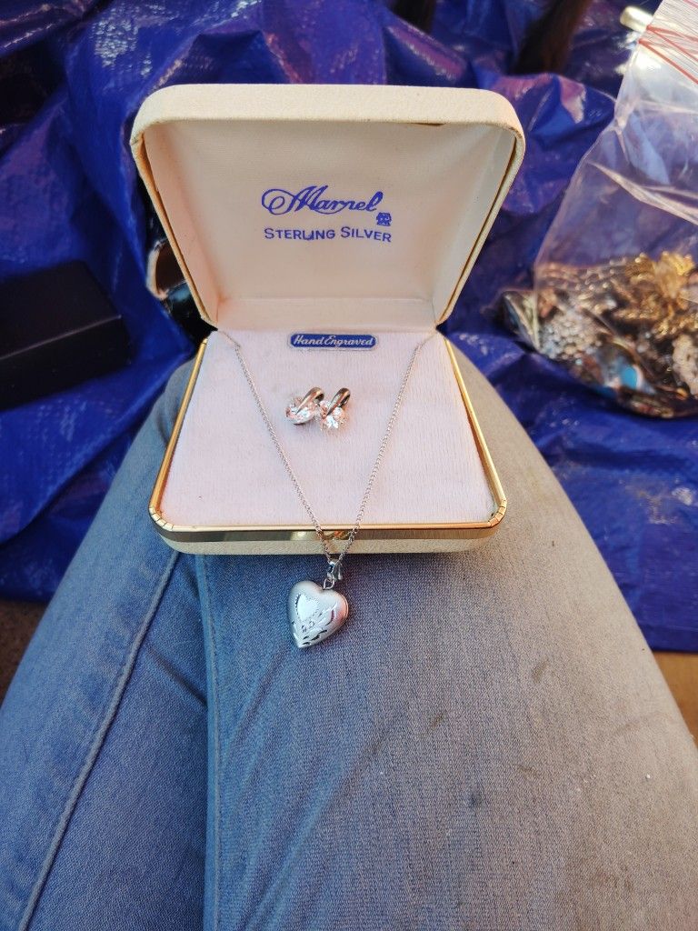 Sterling Silver Locket & Matching Heart Clamped Earings