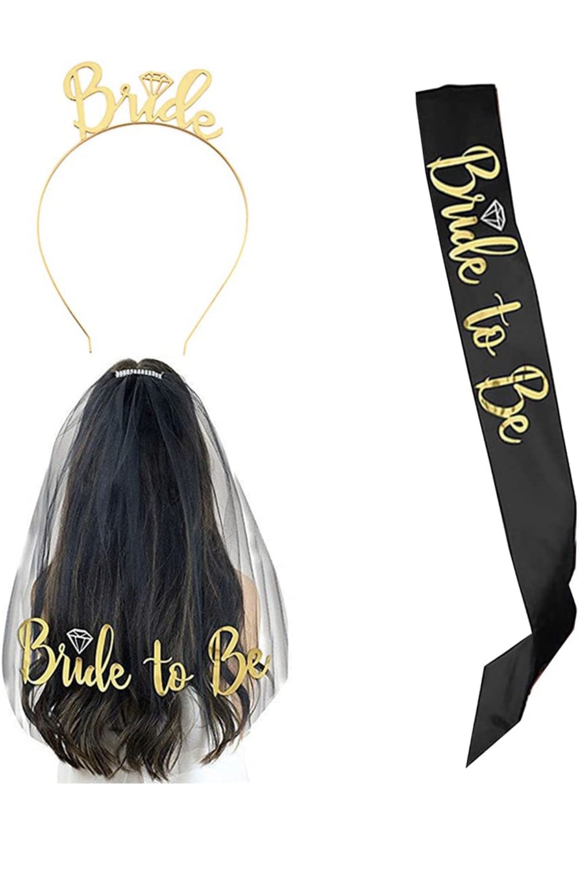 New Bride to Be Set, 4 pack Bride to Be Sash & Headband Tiara &Bride Hair clip & Shoulder Length Veil (Black&Rosegold)