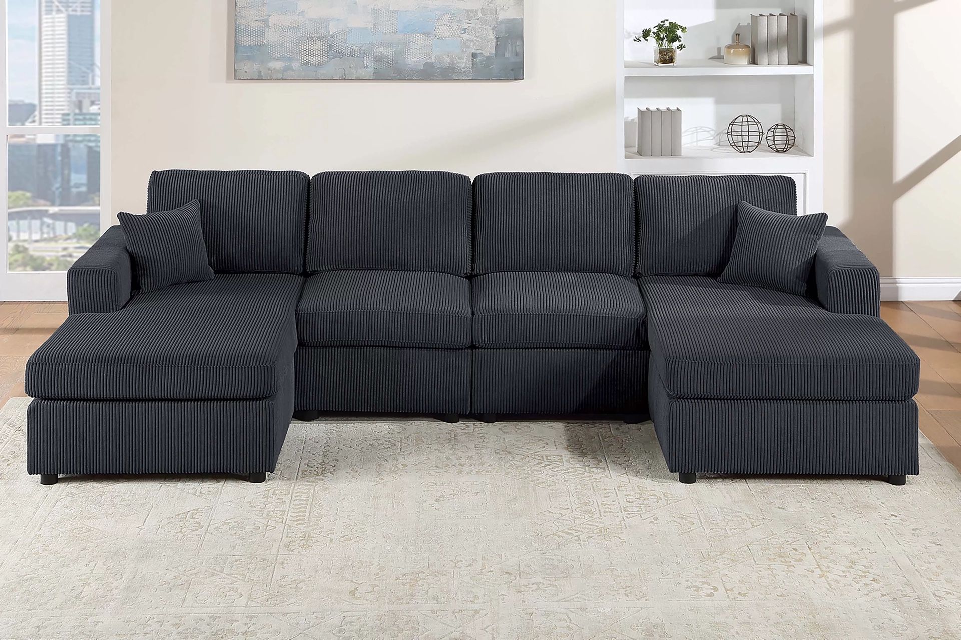 BRAND NEW BLACK DOUBLE CHAISE CORDUROY SECTIONAL SOFA COUCH (NEW IN BOX)