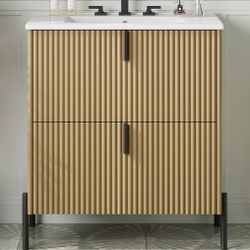 Assembled New 30 Inch Natural Bathroom Vanity with Sink,Modern Reeded Bathroom Vanity with 2 Full-Extension Drawers