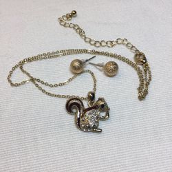 Chipmunk/Squirrel Pendant Necklace Accented  With Enamel And Rhinestones And Earrings Set 