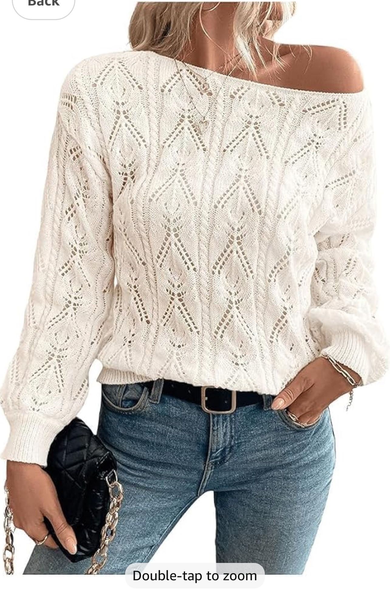 Women's Casual Off Shoulder Hollowed Out Boat Neck Long Sleeved Knitted Sweater Pullover with Geometric Pattern