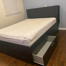 IKEA Black FULL Double Sz Size BEDFRAME Bed Frame, Matching Headboard & 4 UNDER Sliding Drawers Storage Clothes Organizer & Slats INCLUDED 
