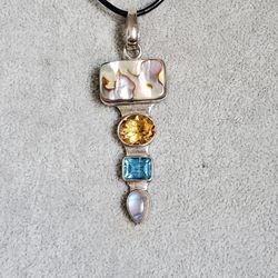 Beautiful Sterling Silver Abalone, Citrine, Blue Topaz and Moonstone Pendant Necklace 