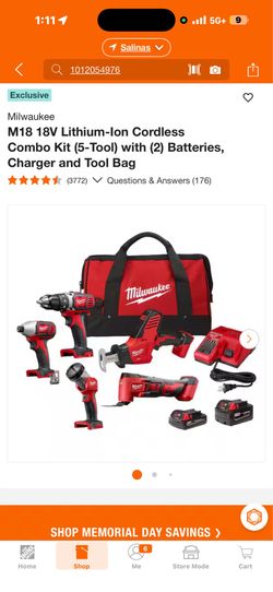 Milwaukee M18 18V Lithium-lon Cordless Combo Kit (5-Tool) with (2) Batteries, Charger and Tool Bag