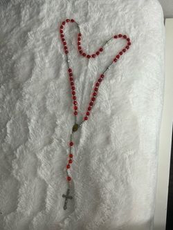 Red & Silver Beaded Virgencita Rosary Necklace w/ Crucifix Cross & Oval Medal