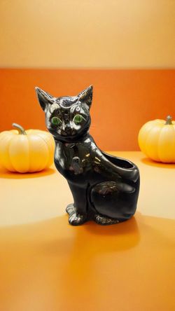 Vintage 5.5” Tall Black Cat Ceramic Planter Figurine Green Eyes Glossy Pottery