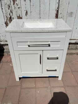 White Bathroom Vanity with Stone Top and Sink