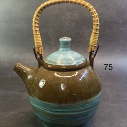 Beautiful  Vintage Handmade Clay Teapot with bamboo handle, handmade teapot, pottery teapot for tea lovers. 