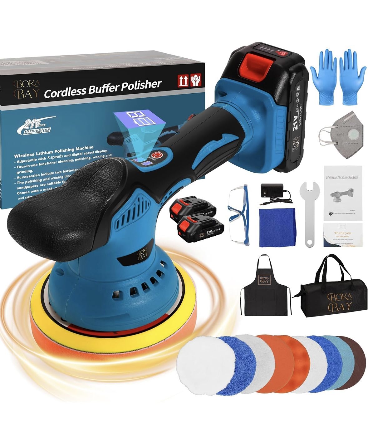 Cordless Car Buffer Polisher Kit 6 Inch with 21V 2x2000mAh & 9 Pcs Attachments, Car Polisher with 8 Variable Speed 2RPM, Orbital Polisher for