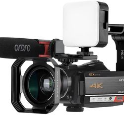 ORDRO 4K Camcorder Video Camera, AC5 UHD Digital Camcorder with 12x Optical Zoom 1080P 60FPS WiFi Vlog Camera Camcorder with Microphone, Video Light, 