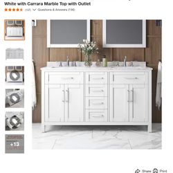 Riverdale 60 in. W x 21 in. D x 34 in. H Double Sink Bath Vanity in White with Carrara Marble Top with Outlet

