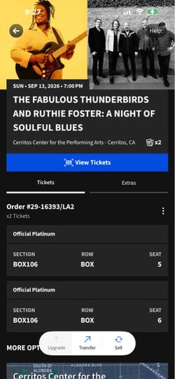 Two box seats to the fabulous Thunderbirds and Ruthie Foster in Cerritos