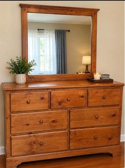 Solid Pine 7-Drawer Dresser + Beveled Mirror