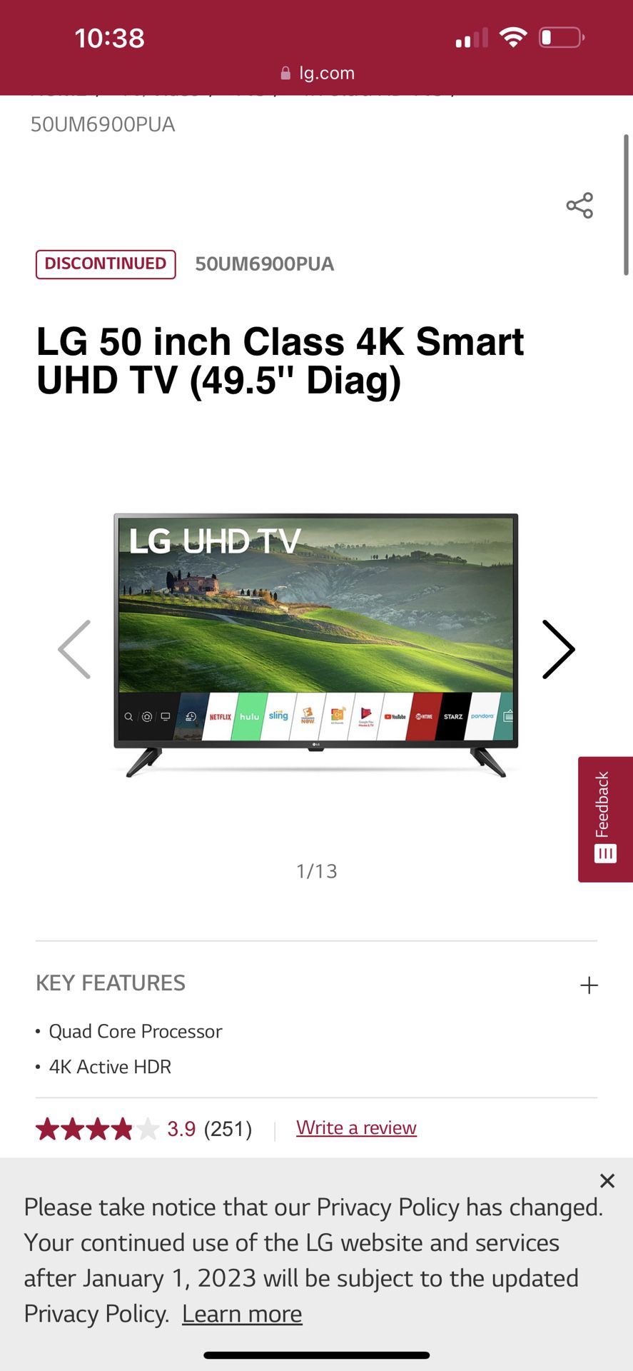LG 50 inch Class 4K Smart UHD TV, Used A Few Weeks(35 Hours)