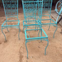 Four Red Iron Blue Chairs, 50.00 O B F