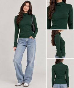 Green Ribbed Turtleneck Long Sleeve Top