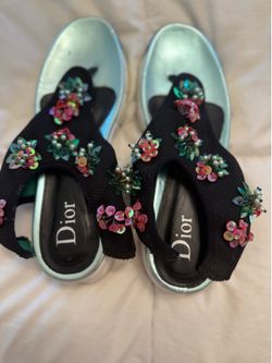 NEW CHRISTIAN DIOR  sandals with a mint/silver platform sole and black knit straps covered in multicolor sequin and pearl floral embellishments.