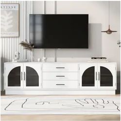 69" Retro TV Stand for TVs up to 75", Entertainment Center Cabinet with Arched Glass Door, 3 Storage Drawers - White