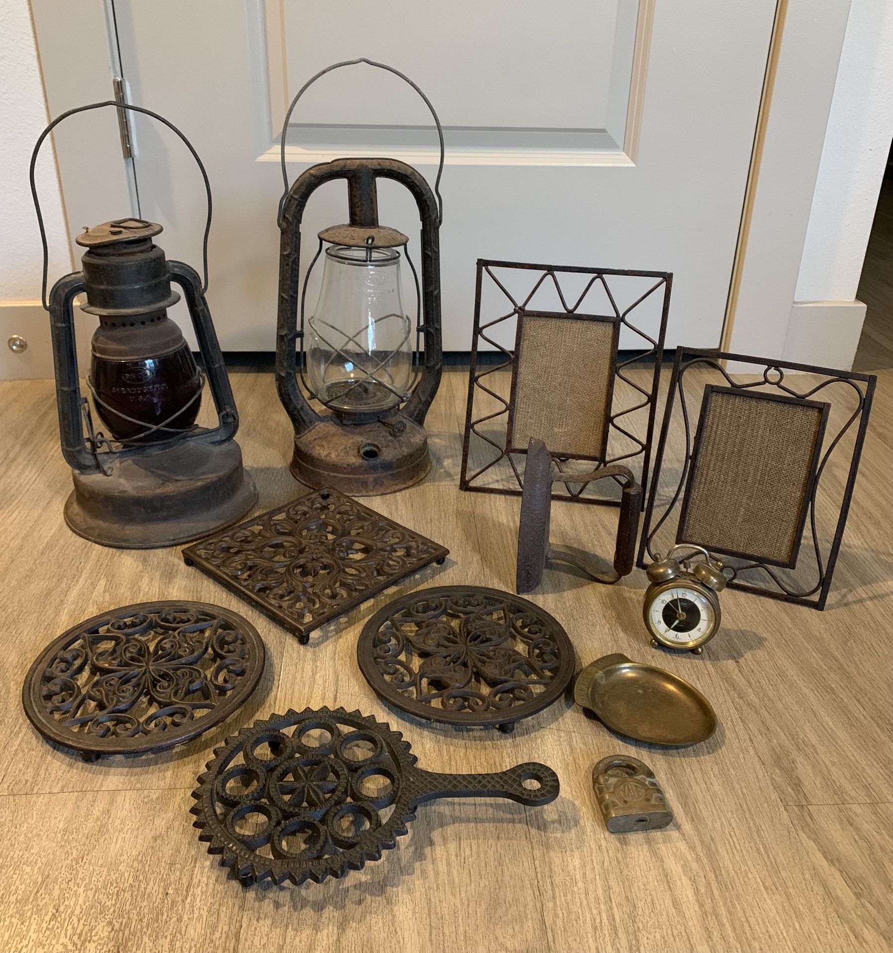 Antique Lanterns, Flat Cast Iron, 4 Stand, 2 Picture Frame… - $150