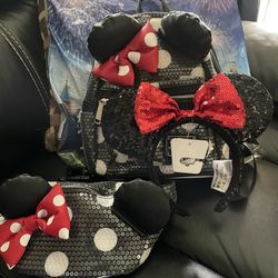 Loungefly Disney Parks Black Sequin Polka Dot Mini Backpack, Disney Parks Loungefly Sequin waist bag Fanny Pack Minnie With Ears Polka Dot and Disney 