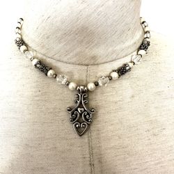 Faux Pearl Silver Heart Pendant Necklace 