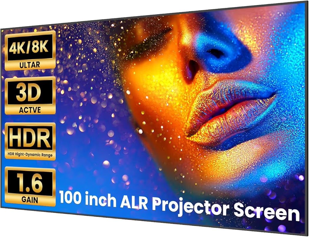 ALR Projector Screen 100 inch, 1.6 Gain Ambient Light Rejecting Projection Screen, 16:9 Anti-Crease Indoor Projector Screen, 4K HD Fixed Frame 3D Movi