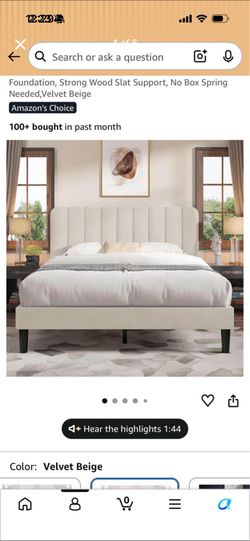Queen Size Velvet Beige Bed Frame with Headboard and Wood Slat Support