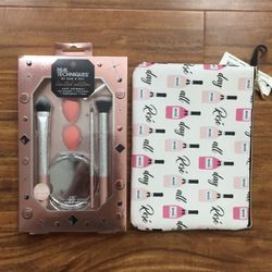 Brand New Real Techniques Limited Soft Shimmer Brushes & Ruby Cash Rose Makeup Bag