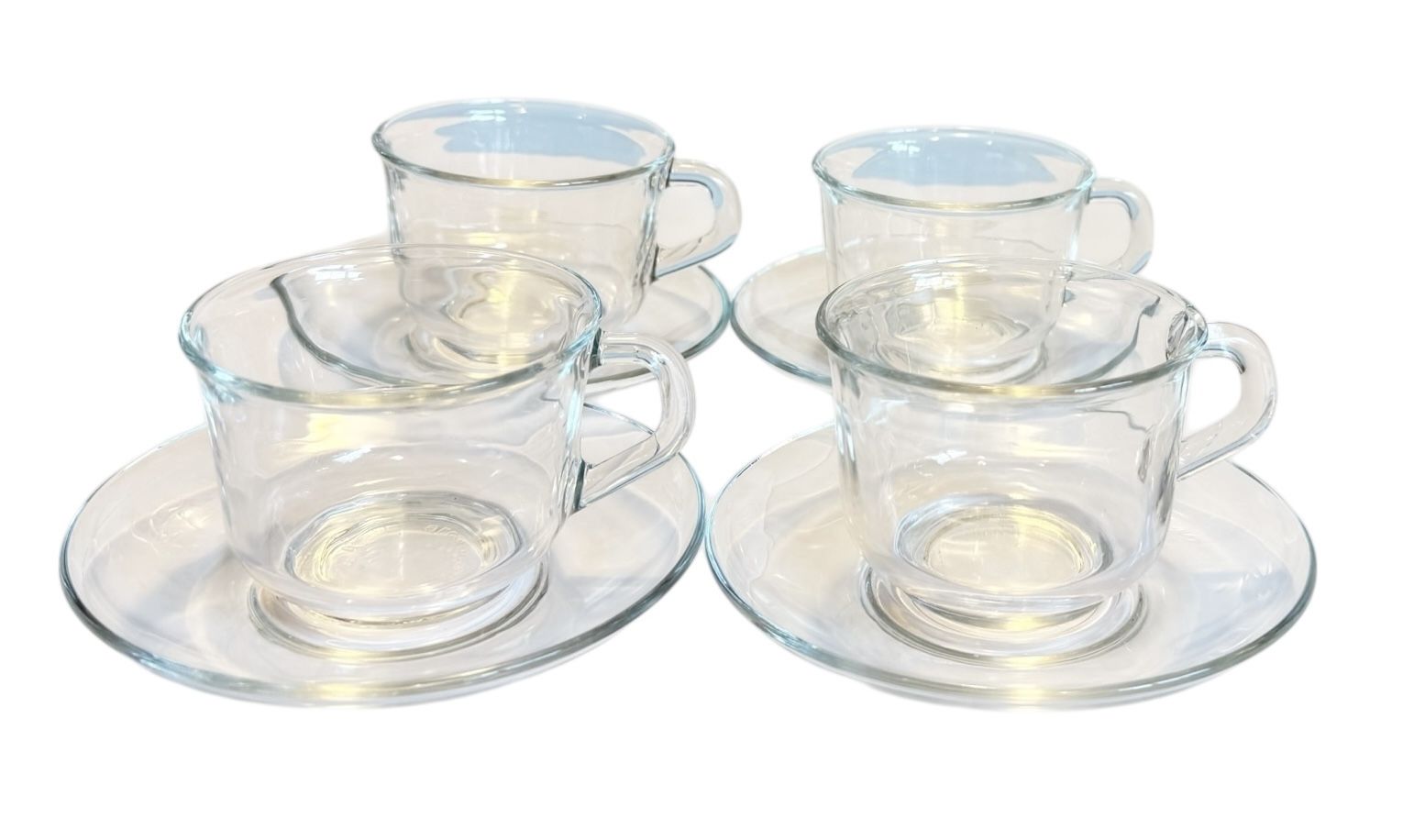 Vintage Arcoroc France MCM Set of 4 Clear 8oz. Glass Tea/Coffee Cups & Saucers