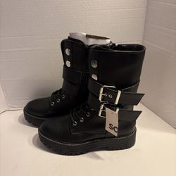 SO® Bookcase Women's Platform Black Combat Boots Wide Sizes 7.5M New With Out Box 