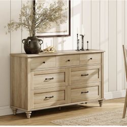 Farmhouse Dresser with 7 Drawers for Bedroom, Wide Kids Dresser with Solid Wood Legs, Rustic Organizer for Living Room and Kids' Room, Oak, 54 Inch 