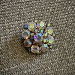 Vintage Aurora Borealis Rhinestone Brooch – Gold Tone – Mid-Century Style