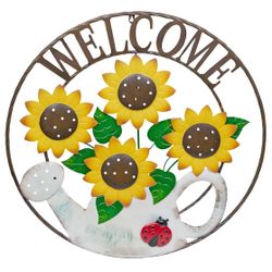Large Round Sunflowers in Gardening Can Welcome Wall Decor, Sign for Entryway and Walkway, 30" Tall