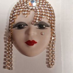 Vintage Brooch Beatriz Signed Swarovski Crystal Porcelain 