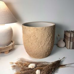 13.5" Minimalist Hand-Painted & Textured Planter Pot with Drainage Hole - Tan Beige I