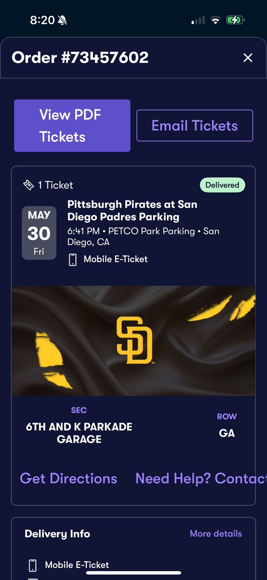 Padres Parking Ticket Friday May 30