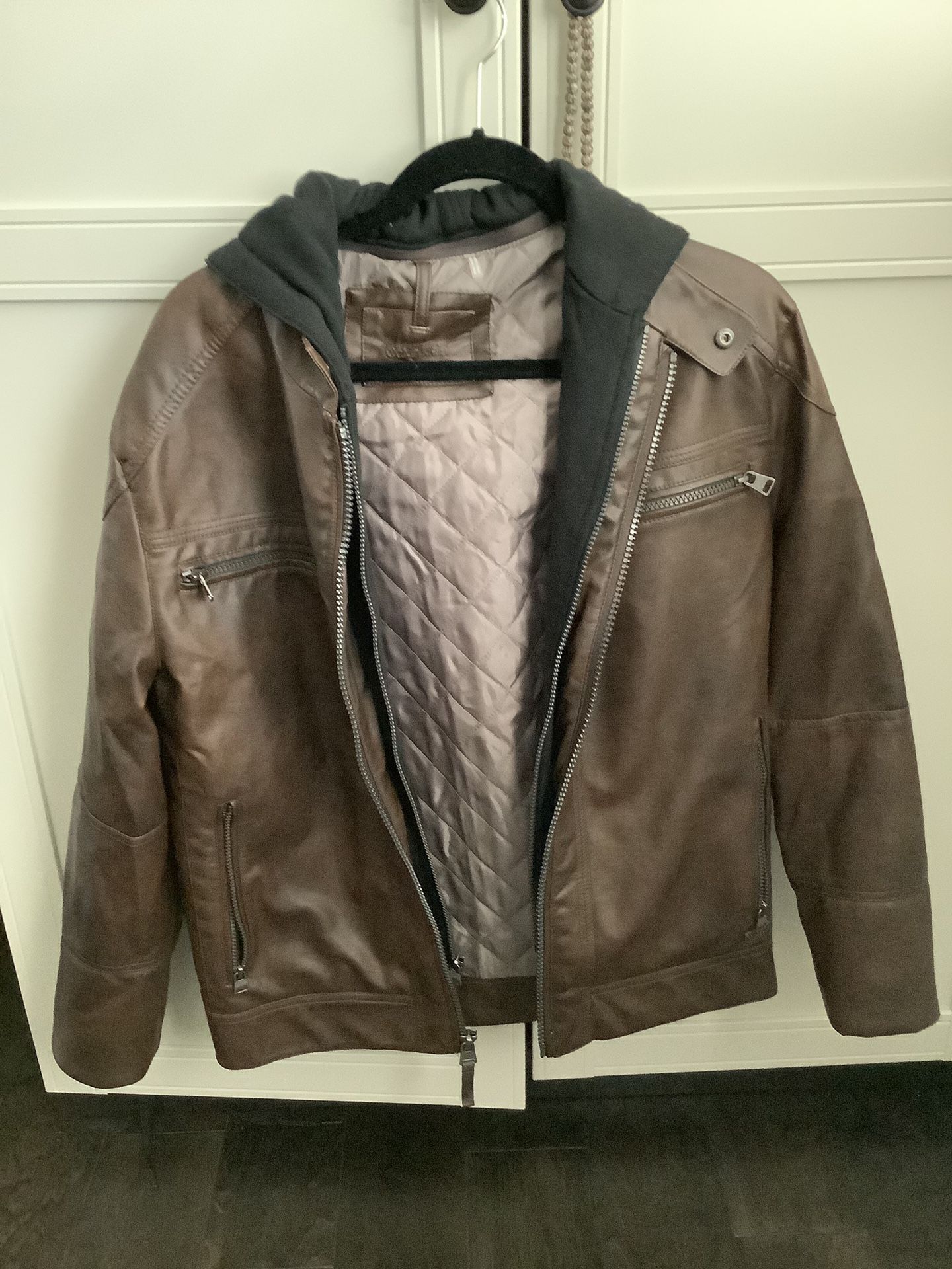 Brown leather hoodie jacket calvin klein Small
